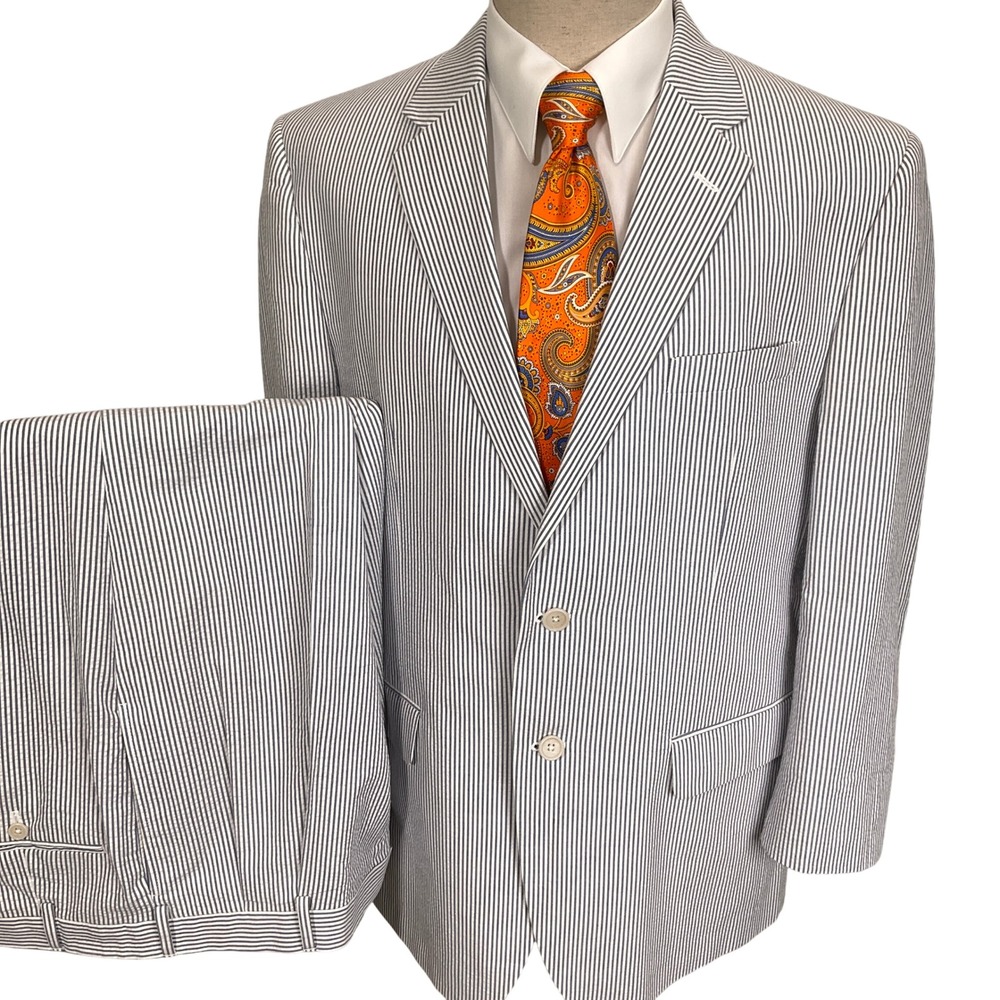 Jos A Bank Suit Mens 44R Blue White Seersucker 2-Pc Cotton